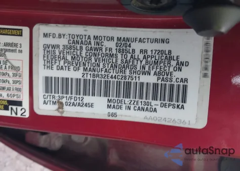 2004 Toyota Corolla S from USA, damaged, VIN 2T1BR32E44C287511